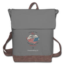 Load image into Gallery viewer, LAND OF THE FREE, BECAUSE OF THE BRAVE - Canvas Backpack - gray/brown