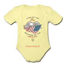 Load image into Gallery viewer, LAND OF THE FREE, BECAUSE OF THE BRAVE - Organic Short Sleeve Baby Bodysuit - washed yellow