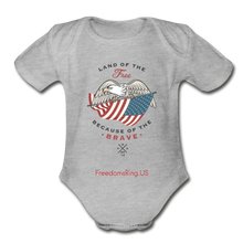 Load image into Gallery viewer, LAND OF THE FREE, BECAUSE OF THE BRAVE - Organic Short Sleeve Baby Bodysuit - heather gray