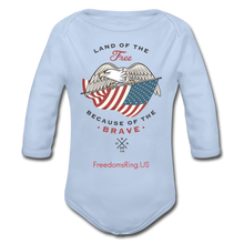 Load image into Gallery viewer, LAND OF THE FREE, BECAUSE OF THE BRAVE - Organic Long Sleeve Baby Bodysuit - sky