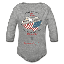 Load image into Gallery viewer, LAND OF THE FREE, BECAUSE OF THE BRAVE - Organic Long Sleeve Baby Bodysuit - heather gray