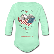 Load image into Gallery viewer, LAND OF THE FREE, BECAUSE OF THE BRAVE - Organic Long Sleeve Baby Bodysuit - light mint