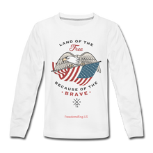 Load image into Gallery viewer, LAND OF THE FREE, BECAUSE OF THE BRAVE - Kids' Premium Long Sleeve T-Shirt - white