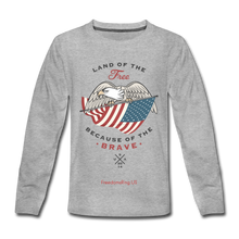 Load image into Gallery viewer, LAND OF THE FREE, BECAUSE OF THE BRAVE - Kids' Premium Long Sleeve T-Shirt - heather gray