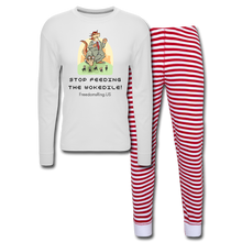 Load image into Gallery viewer, STOP FEEDING THE WOKEDILE! - Two-Sided Printing on Unisex Pajama Set - white/red stripe