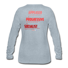 Load image into Gallery viewer, STOP FEEDING  THE WOKEDILE! - Two-Sided Printing on Women's Premium Long Sleeve T-Shirt - white text - heather ice blue