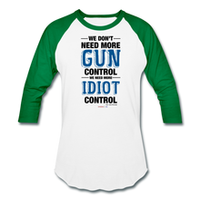 Load image into Gallery viewer, MORE IDIOT CONTROL - Baseball T-Shirt - white/kelly green