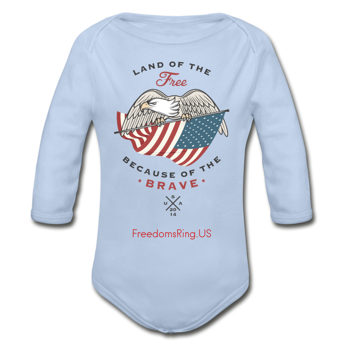 LAND OF THE FREE, BECAUSE OF THE BRAVE - Organic Long Sleeve Baby Bodysuit - sky