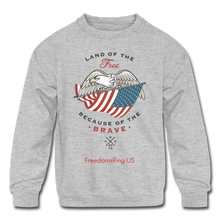 Load image into Gallery viewer, LAND OF THE FREE, BECAUSE OF THE BRAVE - Kids&#39; Crewneck Sweatshirt - heather gray
