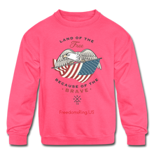 Load image into Gallery viewer, LAND OF THE FREE, BECAUSE OF THE BRAVE - Kids&#39; Crewneck Sweatshirt - neon pink
