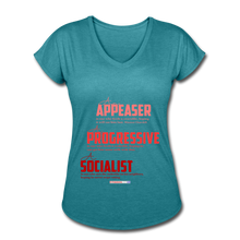 Load image into Gallery viewer, APPEASER, PROGRESSIVE, SOCIALIST - Women&#39;s Tri-Blend V-Neck T-Shirt - heather turquoise
