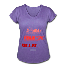 Load image into Gallery viewer, APPEASER, PROGRESSIVE, SOCIALIST - Women&#39;s Tri-Blend V-Neck T-Shirt - purple heather
