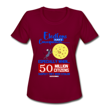 Load image into Gallery viewer, ELECTIONS HAVE CONSEQUENCES... - Women&#39;s Moisture Wicking Performance T-Shirt - burgundy
