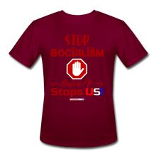 Load image into Gallery viewer, STOP SOCIALISM, BEFORE IT STOPS US! - Men’s Moisture Wicking Performance T-Shirt - burgundy
