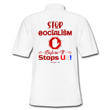 Load image into Gallery viewer, STOP SOCIALISM, BEFORE IT STOPS US! - Men&#39;s Pique Polo Shirt - white
