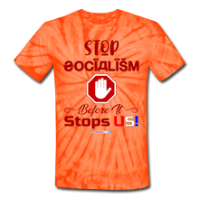 Load image into Gallery viewer, STOP SOCIALISM, BEFORE IT STOPS US! - Unisex Tie Dye T-Shirt - spider orange
