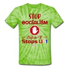 Load image into Gallery viewer, STOP SOCIALISM, BEFORE IT STOPS US! - Unisex Tie Dye T-Shirt - spider lime green
