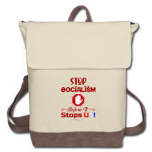 Load image into Gallery viewer, STOP SOCIALISM, BEFORE IT STOPS US! - Canvas Backpack - ivory/brown
