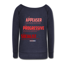 Load image into Gallery viewer, STOP FEEDING THE WOKEDILE! - Two-Sided Printing on Women&#39;s Wideneck Sweatshirt - melange navy
