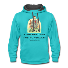 Load image into Gallery viewer, STOP FEEDING THE WOKEDILE! - Two-Sided Printing on Contrast Hoodie - scuba blue/asphalt
