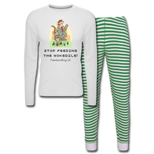 Load image into Gallery viewer, STOP FEEDING THE WOKEDILE! - Two-Sided Printing on Unisex Pajama Set - white/green stripe
