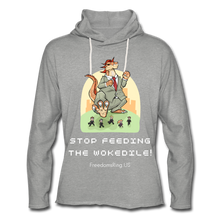 Load image into Gallery viewer, STOP FEEDING THE WOKEDILE! - Two-Sided Printing on Unisex Lightweight Terry Hoodie - heather gray
