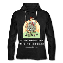 Load image into Gallery viewer, STOP FEEDING THE WOKEDILE! - Two-Sided Printing on Unisex Lightweight Terry Hoodie - charcoal gray
