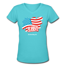 Load image into Gallery viewer, JULY 4TH FLAG - Women&#39;s V-Neck T-Shirt - aqua
