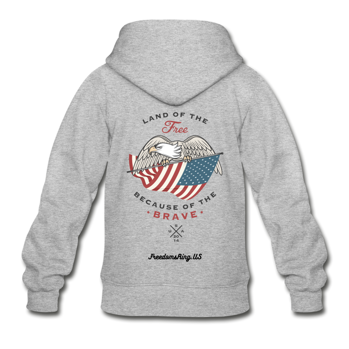 LAND OF THE FREE, BECAUSE OF THE BRAVE - Gildan Heavy Blend Youth Zip Hoodie - heather gray