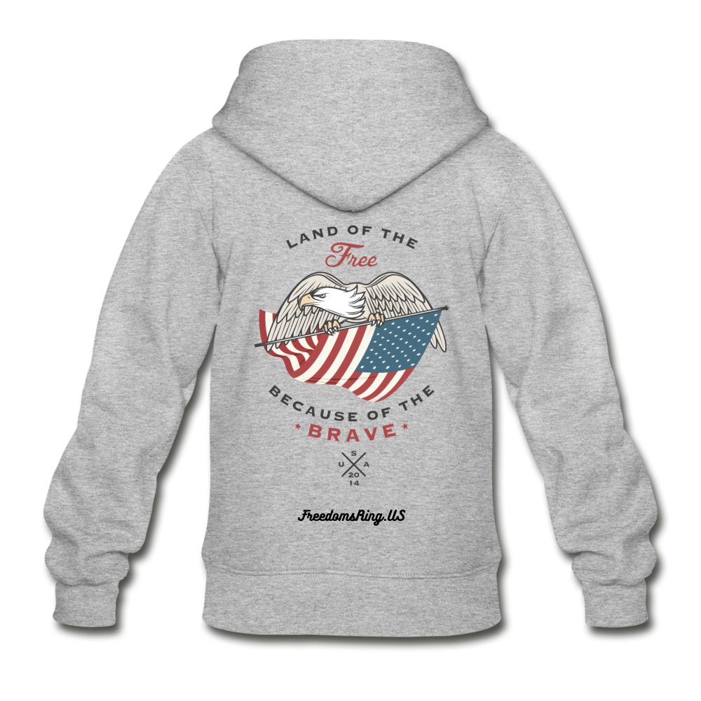 LAND OF THE FREE, BECAUSE OF THE BRAVE - Gildan Heavy Blend Youth Zip Hoodie - heather gray