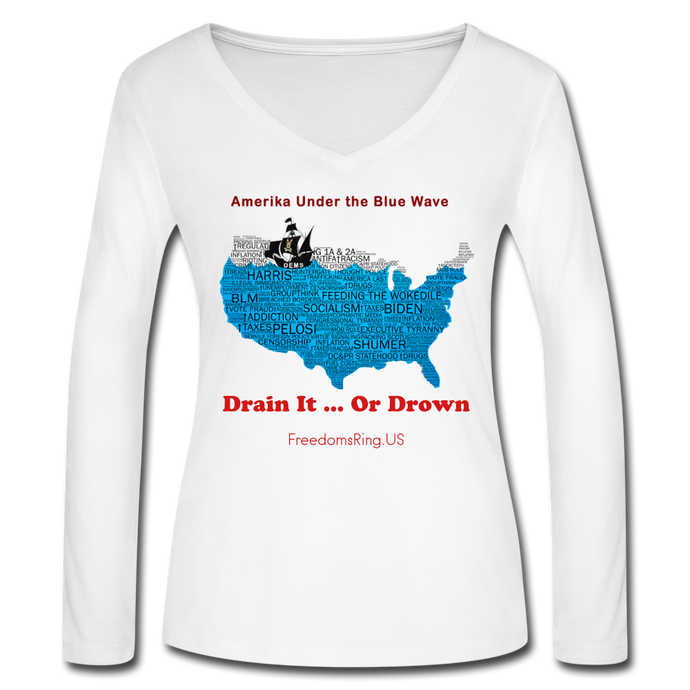 AMERIKA UNDER THE BLUE WAVE - Women’s Long Sleeve  V-Neck Flowy Tee - white