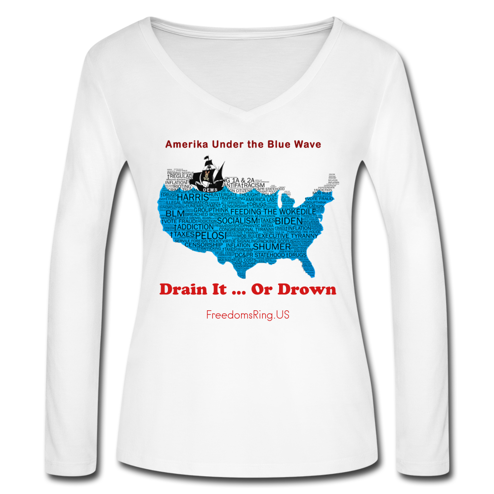 AMERIKA UNDER THE BLUE WAVE - Women’s Long Sleeve  V-Neck Flowy Tee - white