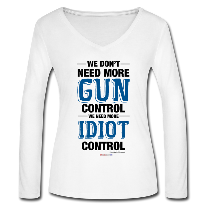 MORE IDIOT CONTROL - Women’s Long Sleeve  V-Neck Flowy Tee - white